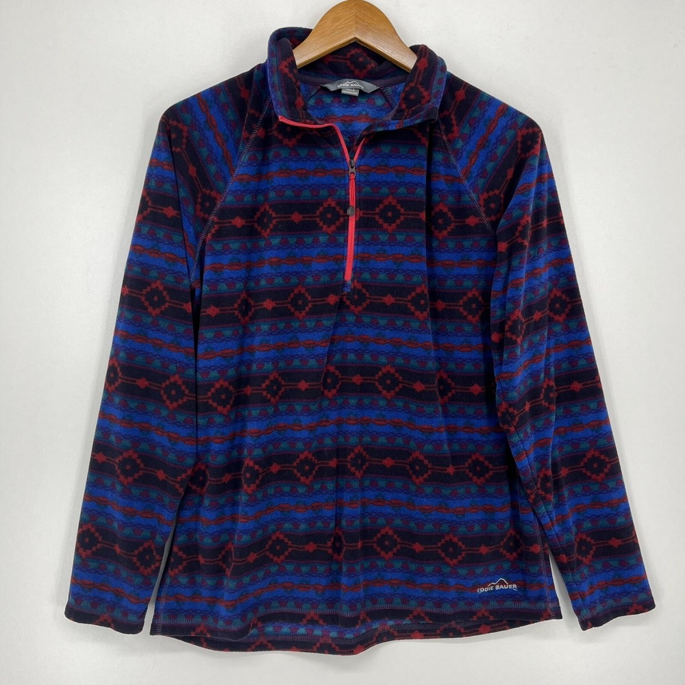 Eddie Bauer Womens Large Fleece Quarter Zip Pullover Southwestern Geometric Blue